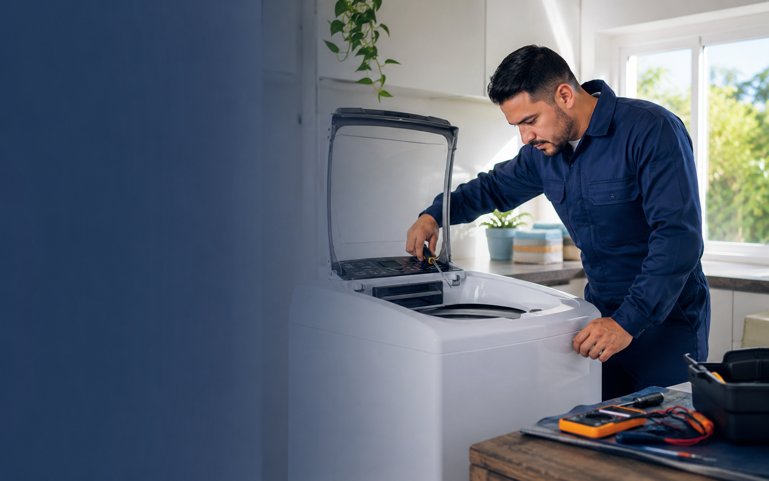 Técnico realizando diagnóstico em uma lavadora top load